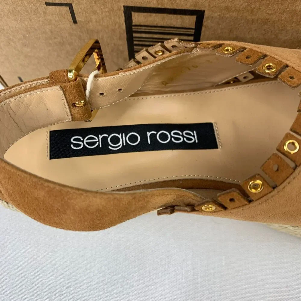 Sergio Rossi Womens Wedge Sandals Brown Fringe Suede Cross-Over Strap Sz‎ 8.5/40